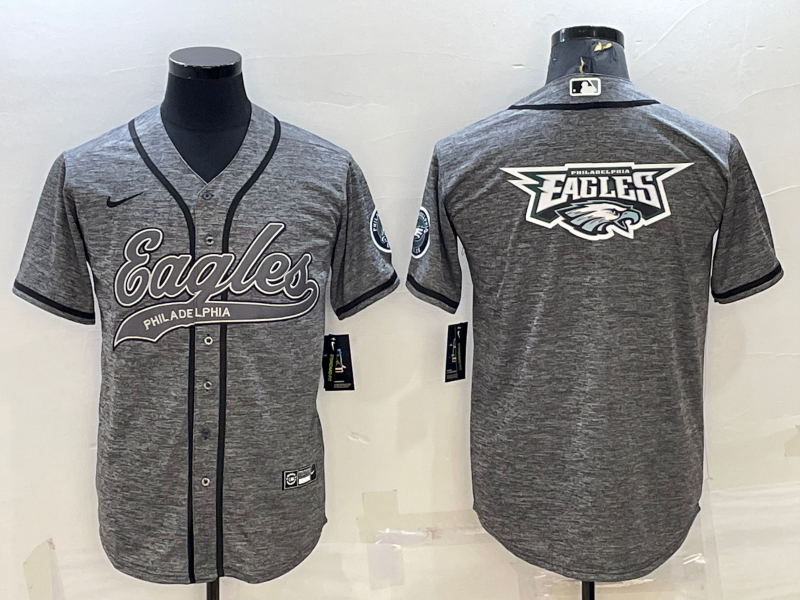 Men's Grey Philadelphia Eagles Team Big Logo With Patch Cool Base Stitched Baseball Jersey